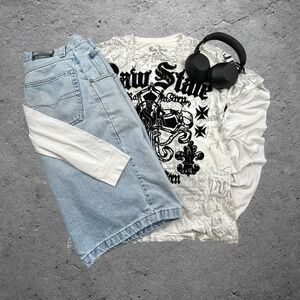 Raw State Mens Large White Graphic TShirt Y2K Mall Goth MMA Cross All Over Print